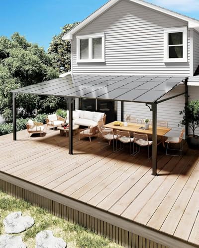 12x16 FT Gazebo for Patio, Wall Mounted Lean to Hardtop Gazebo Pergola with 6Mm Sloped Roof Heavy Duty Awnings for Porch, Decks, Backyard to Shade & Rain