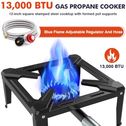 Image of Llamaviva Portable Single Propane Camping Gas Stove w /4ft Hose | Heavy Duty Cast Iron, with Adjustable Regulator Hose, for Wok Cooking, Seafood Boil, Tailgating & Camping