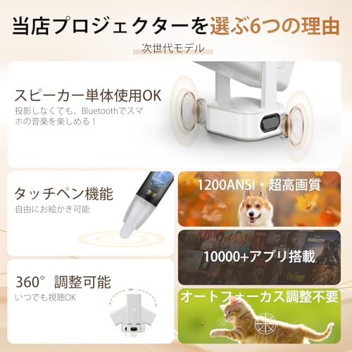 undefined プロジェクター 家庭用【 1200ANSI 超絶明くきれい】スタンド一体型 4K画質【革新的な独立スピーカー&タッチペン操作対応 】自動フォーカス&自動台形補正| 天井投影 |Google Cast対応|5G WiFi/Bluetooth 5.1|スマホ・PC・Switch対応|密閉防塵設計|Netflix/YouTube/PrimeVideo|家庭用・ビジネス両用プロジェクター ホワイト の商品画像 2