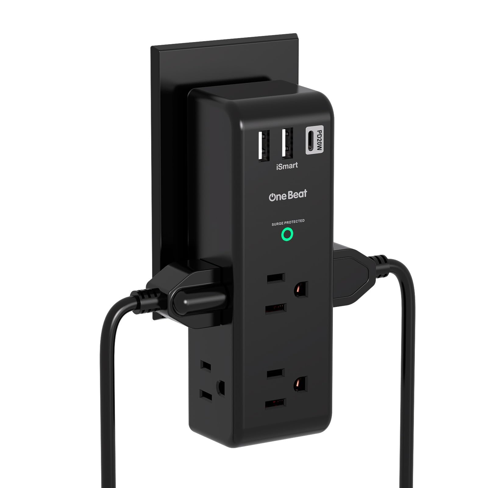 Surge Protector Outlet Extender, Rotating Plug, PD 20W, 6 AC Multi Plug Outlet with 3 USB Ports (2 USB C), 1800 Joules 3-Sided Swivel Power Strip with Spaced Outlet Splitter for Home Office Dorm - BK