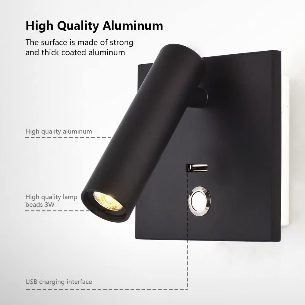 Lámpara de lectura de pared, luz de lectura para leer en la cama, aplique de pared LED de 3 W con interruptor y puerto de carga USB, luz cálida de 3000 K para leer, estudiar, junto a la cama, luces d