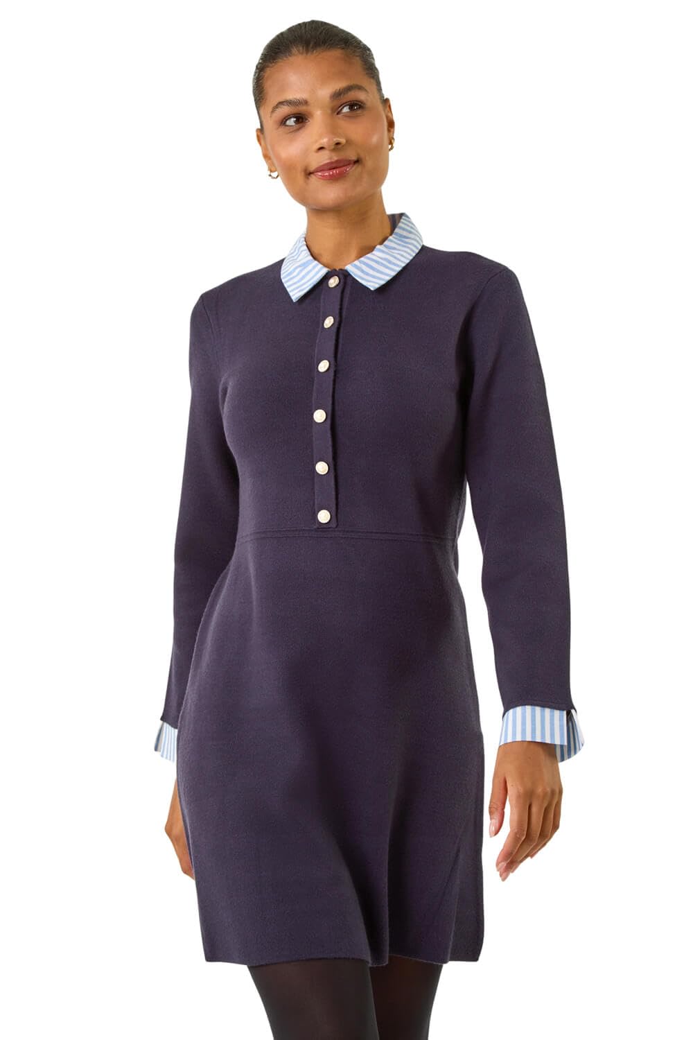 Roman Women's Navy Stripe Collar Buttoned Knit Dress In Size 14