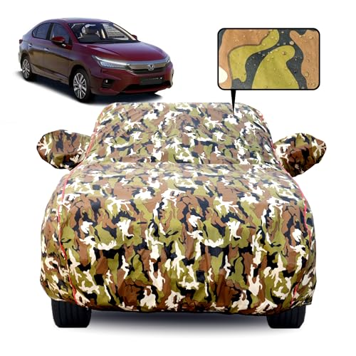 Image of Waterproof Car Body Cover for Honda ZX with Mirror Pocket, Soft Cotton Lining, Triple Stitched, Full Bottom Elastic (Heat Resistant Jungle Print with Red Piping)