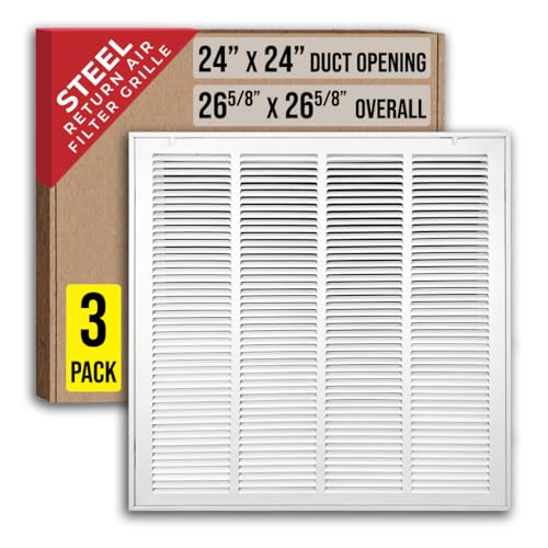 [3 Pack] Fits 24x24 Duct Opening | Steel Return Air Filter Grille by Handua [Removable Door] for 1-inch Filters | Vent Cover Grill | White | HVAC Cold Air Intake Grille | Out Dim: 26 5/8"W X 26 5/8"H