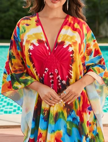 Image of KECVOT Kaftan Dresses for Women Plus Size Batwing Sleeve Caftans Long Bathing Suit Cover Up Maxi Beach Dress Loungewear