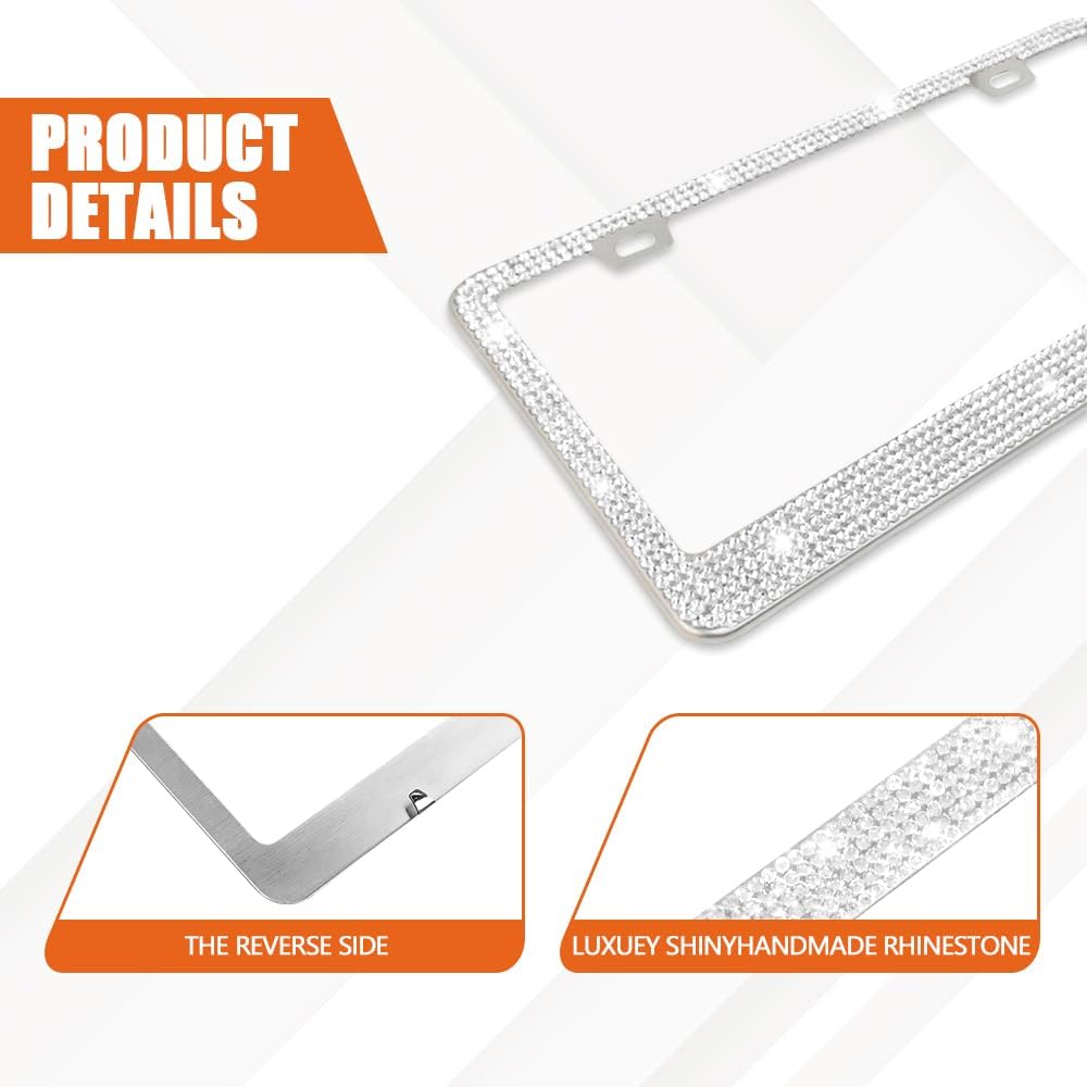 Bling License Plate Frames for Women, License Plate Tag Cover, Sparkly Rhinestone Diamond Car Accessories with Glitter Crystal Caps, Stainless Steel Car Licenses Plates Cover for Most Cars image 3