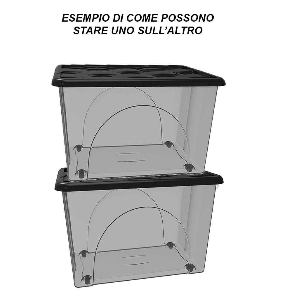 Scatola Contenitore con Coperchio e 4 Ruote Grande Box Portaoggetti 80LT STORAGE Salvaspazio Sovrapponibile 60x40x45 Organizer Multiuso organizzazione Casa Bagno Ufficio (NERO)