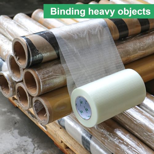 Image of BOMEI PACK Wide Fiber Reinforced Packing Tape 10 inch, Clear Heavy Duty Bi Directional Fiberglass Filament Strapping Tape 10Inch x 55yds 6.7Mil