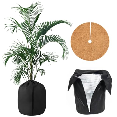 Sac de Protection Thermique pour Pot de Fleurs 50x45cm, Avec Disque en Feutre coco Ø 45cm, Protection Pot de Fleur Hiver, Avec Cordon et Fermeture éclair, Protection Hivernale pour Plantes (Gris)