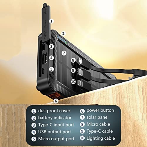Cargador Solar 10000/20000mAh Banco de energía Solar portátil Cargador inalámbrico Incorporado de 3 Cables con Linterna LED Batería Externa Cargador de teléfono Solar Impermeable para Viaje