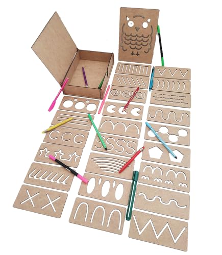 Image of Cliths 25-Piece Wood Handwriting Stencil Set Toy - Perfect for Kids & Preschoolers, Montessori Geometric Pattern Stencils