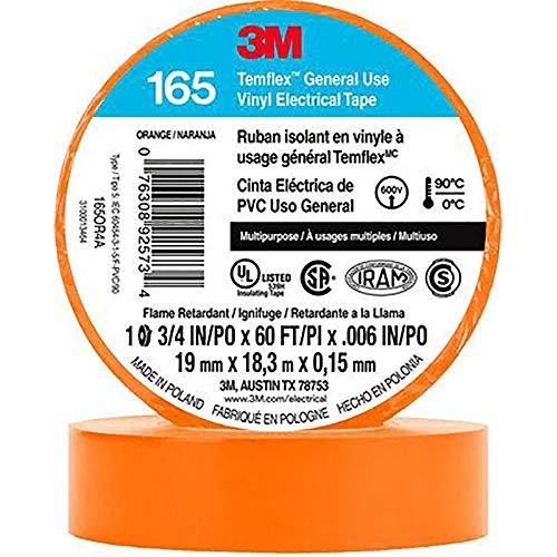 3M Temflex 165 Solvent-Free Vinyl Electrical Tape: 3/4 in. x 60 ft. (Orange) / 10-Pack
