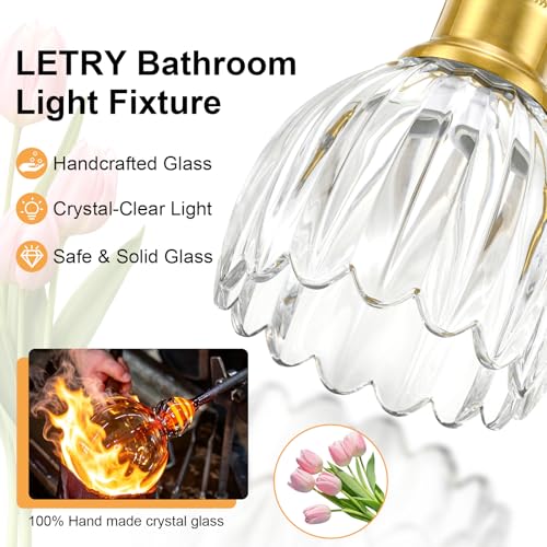 Image of Bathroom Light Fixtures, 4-Light Brushed Gold Vanity Lights for Bathroom with Clear Tulip Glass Shade, 26 inch Vintage Bathroom Vanity Lighting Fixtures Over Mirror for Bedroom Living Room Hallway