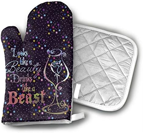 TRENDCAT Looks Like A Beauty Drink Like A Beast Oven Mitts and Potholders (2-Piece Sets) - Extra Long Professional Heat Resistant Pot Holder & Baking Gloves - Food Safe