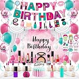 Spa Makeup Birthday Party Decorations, 78Pcs Spa Birthday Party Supplies for Girls Set Include Banner Backdrop, Honeycomb Centerpieces, Makeup Photo Props Balloons Hanging Swirls Cake Toppers