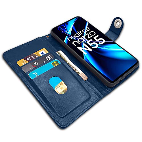 Image of Pikkme Realme Narzo N55 / Realme C55 Flip Cover Leather Finish | Inside TPU with Card Pockets | Wallet Stand and Shock Proof | Complete Protection Button Flip Case (Blue)