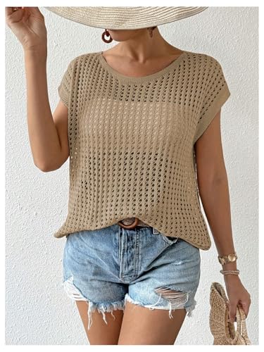 Image of Verdusa Women's Hollow Out Sheer Knit Top Dolman Sleeve Pullover Cover Up