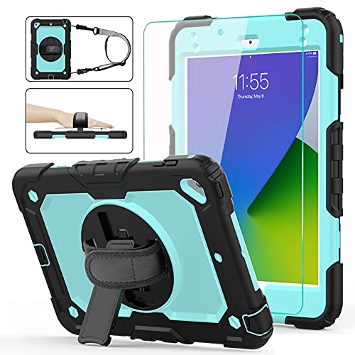 Pad Mini 5 4 Case, iPad Mini 5th 4th Case 7.9  , [Shockproof] ambison Full Body Protective Case with 9H Tempered Glass, Rotatable Kickstand & Hand Strap, Shoulder Strap (Sky Blue & Black)