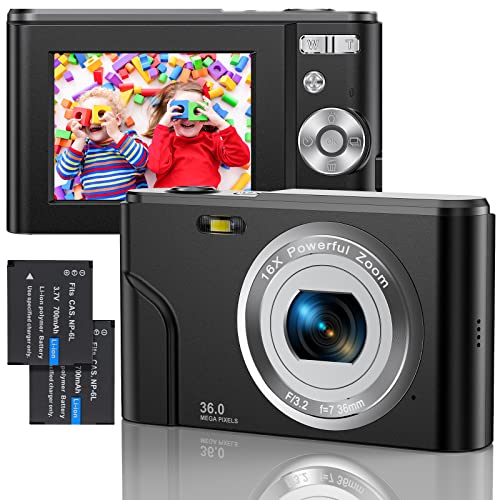 Digital Camera 1080P FHD Mini Video Camera 36MP LCD Screen Rechargeable Student Compact Camera Pocket Camera with 16x Digital Zoom YouTube Vlogging Camera for Children, Adults