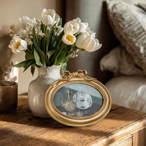 Image of eletecpro 4x6 Oval Picture Frame with Glass Cover, Vintage Gold | Antique Ornate Gold Bow Photo Frame 4 x 6 for Tabletop or Wall Hanging