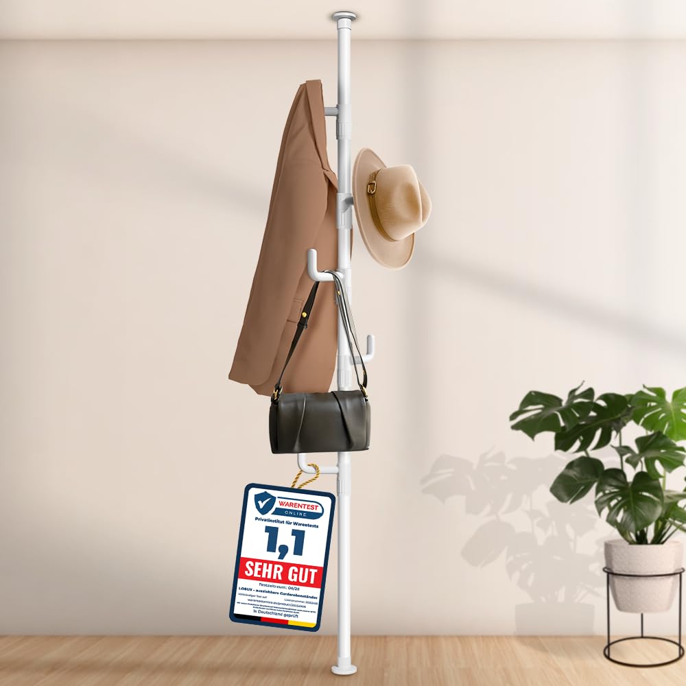 LOBUX® - Garderobenständer ausziehbar, 5 Haken [weiß, 110-310cm] – Teleskop Kleiderständer stabil – Garderobe platzsparend aus Metall – Herrendiener Schlafzimmer – Flurgarderobe – Wäscheständer Balkon