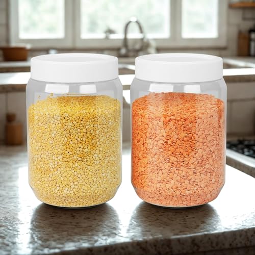 Image of SCL Steelo Vistta Round Containers with White Screw Lid | BPA-Free Premium Plastic Kitchen Storage Jars | Durable, Airtight & Stackable | Ideal for Grains, Snacks, Pulses & More | 1.5 L, 2 pcs Set