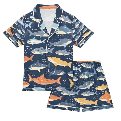 senya Fish Line Blue Satin Summer Pajama Sets Silk Short Sleeve Button Down Sleepwear