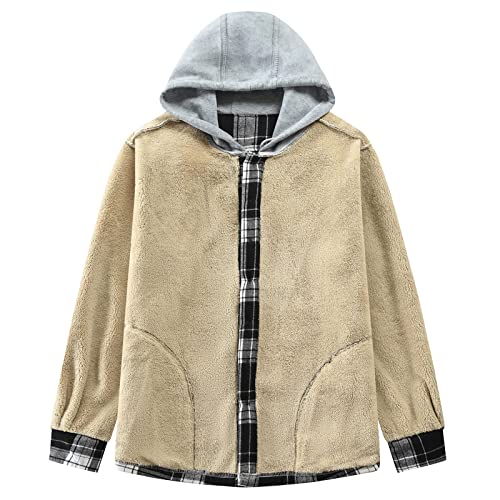 Image of Men's Cotton Plaid Shirt Jacket Fleece Flannel Sherpa Button Down