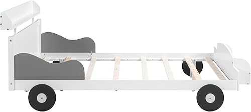 Miniatura 36 de Cama individual de automóvil para niños pequeños con estantes de almacenamiento, marco de cama baja de madera para niños, color blanco