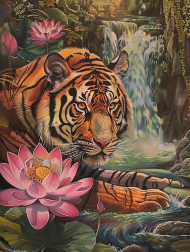 Diamond Painting Fleur Lotus 5D avec Tigre en Kit Complet Broderie Diamant 40x50cm