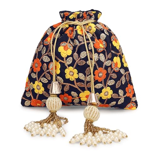 Image of LONGING TO BUY Indian Embroidered Pearl Potli Bag For Women, Sequence Design with Tassel, Wedding Potli Bags