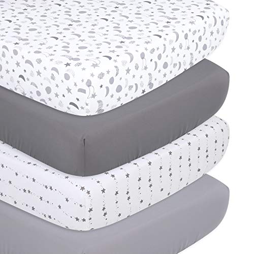 Image of The Peanutshell Grey Moon & Stars Fitted Crib Sheet Set, Unisex 4 Pack Celestial Print, Grey & White