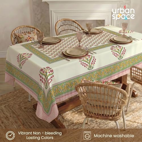 Image of Urban Space 100% Cotton Dining Table Cover 6 Seater, Jaipuri Handblock Cotton Table Cloth for Center Table, Dining Room Table Cover (Size 48 inch x 92 inch - 6 Seater, Mira)