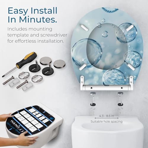 Image of Sanilo Wooden Toilet Seat with Quick Release & Soft Close [ROUND] - Decorative & Slow Close Molded Wood Seat - With One Click for Easy Installation & Cleaning - With Adjustable Fit (Bubbles)