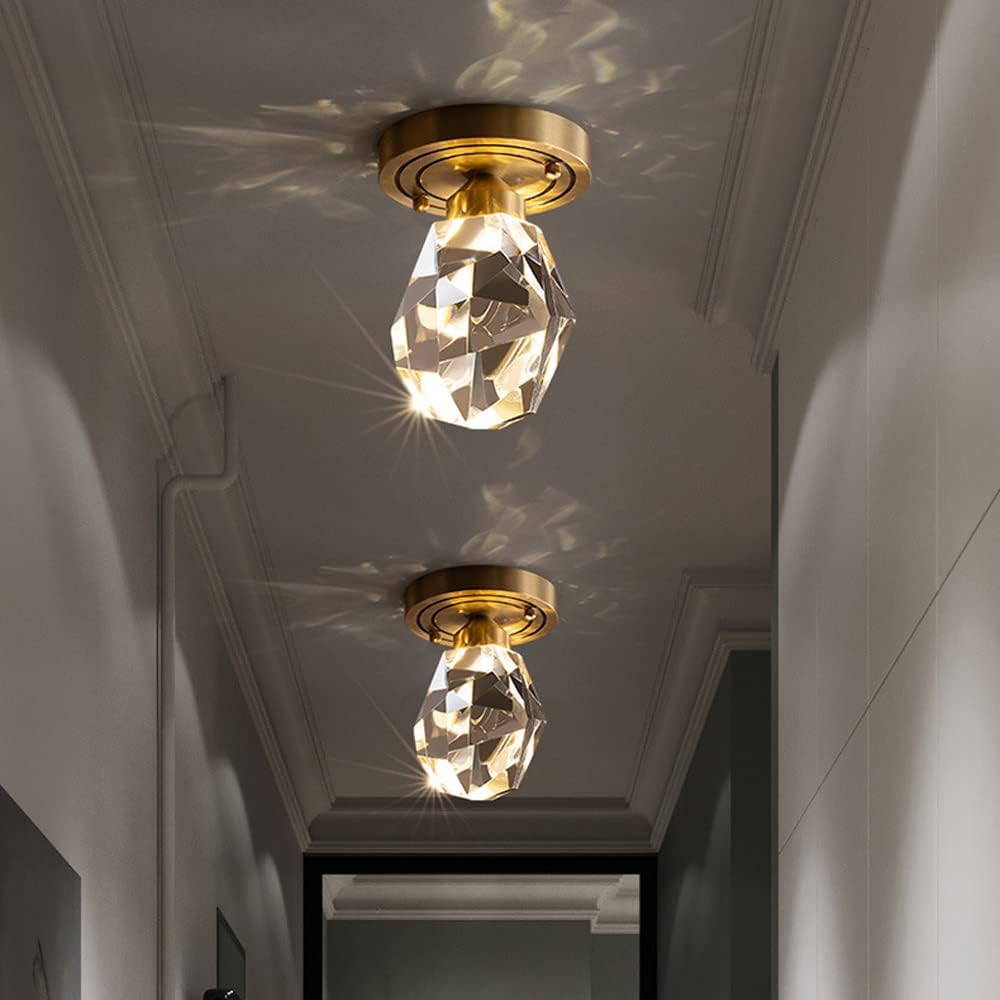 Modern Crystal LED Flush Mount Ceiling Light Gold Finish Diamond Shape Fixture 3 Color Dimmable Small Decorative Hallway Entryway Foyer Lamp