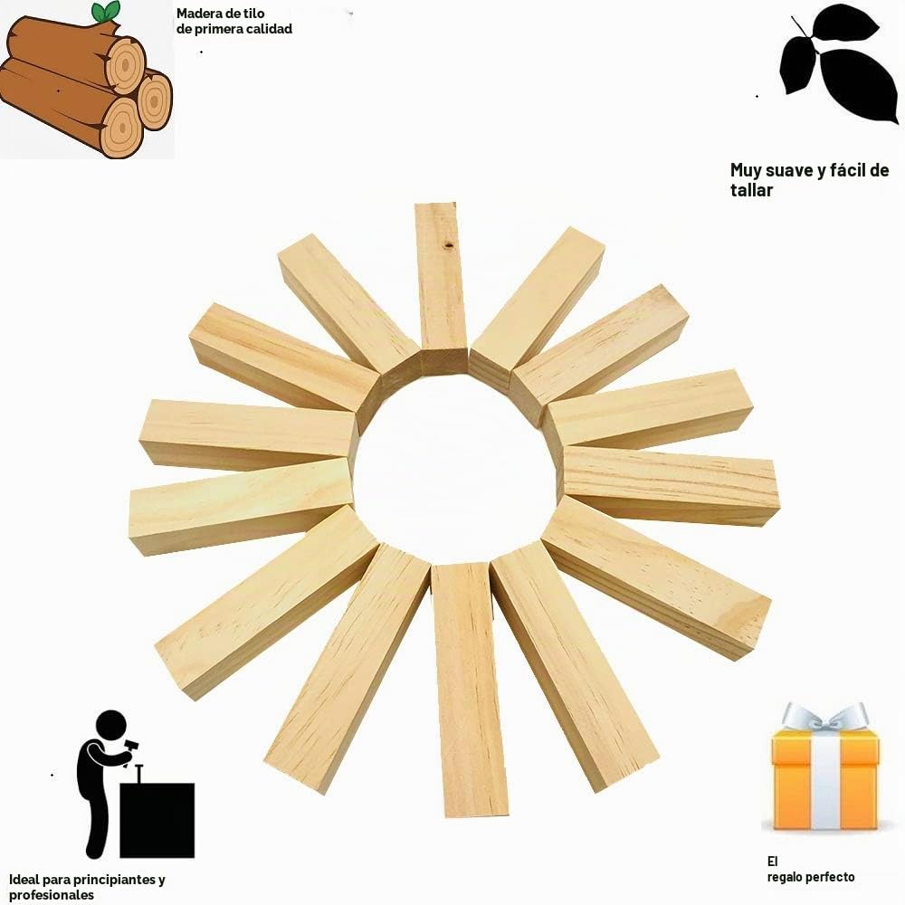 Bloques de Tilo Natural, 14 pcs Tacos para Tallado, Madera de Talla Artesanal, Bloques para Principiantes, Kit Manualidades Creativas, Set Hobby Profesional, 10x2,5x2,5 cm