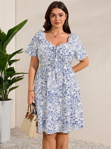 Image of RWJ Women Plus Size Summer Dress Short Sleeve Tie Front Sweetheart Neck Casual Mini Wedding Guest Dresses 2025