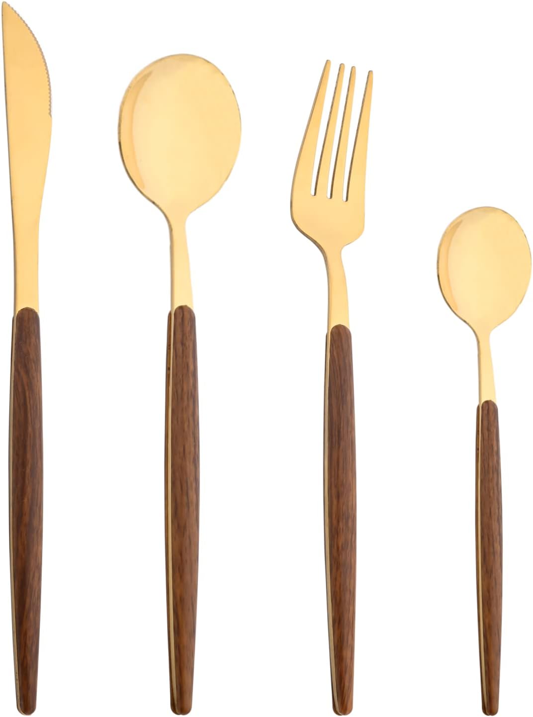 24-Piece Wood Silverware Set With Storage Rack, 18/0 Stainless Steel Flatware Set For Home Kitchen Daily Use Include Knife/Fork/Spoon/Teaspoon, Service For 6, Mirror Gold