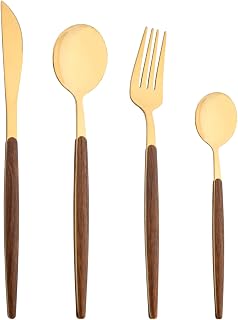 24 Pieces Wooden Handle flatware Set, Wood Stainless Steel Cutlery Set Dinner Knife Fork Spoon Teaspoon, Kitchen Utensils Silver Service For 6, Mirror Polish (Gold)