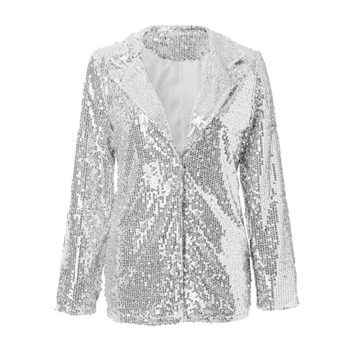 Lätt jacka dam lång festlig glitter, bomberjacka dam elegant långärmad fritidsoverall sittande paljettjacka kort kavaj enfärgad kavajrock för disco party revers cardigan sommarblazer, silver, S