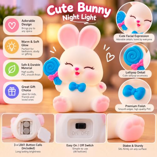 Image of Cute Lollipop Bunny Night Light Lamp Battery Operated Table and Desk Decorations Gift Pandas (Lollipop Bunny)