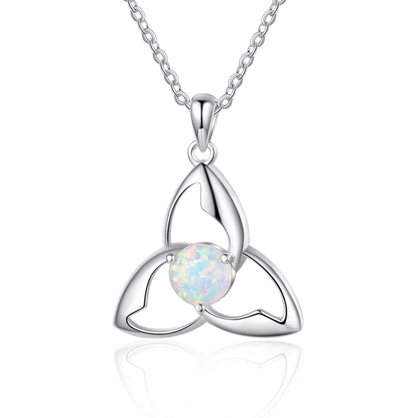 Women 925 Sterling Silver Opal Necklace Vintage Celtics Knot Triquetra Trinity Necklaces Pendants Irish Necklace