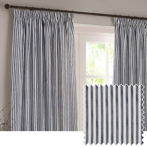 furn. Yard Hebden Pencil Pleat Curtain Pair – Ultra Soft Cotton Lined Striped Curtains (Navy - 229x183cm)