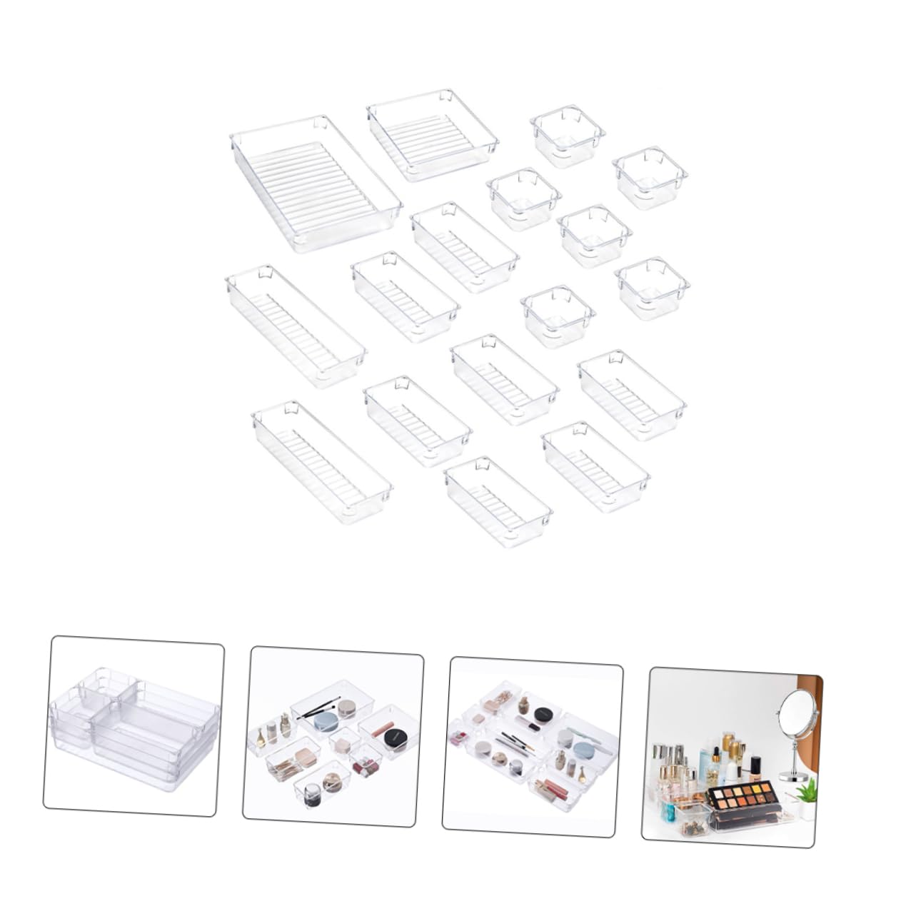 NUOBESTY Set 17 Pezzi di Organizer per Cassetti in Acrilico Trasparente, Divisori Modulari per Cosmetici e Scrivania, per Camera da Letto e Bagno