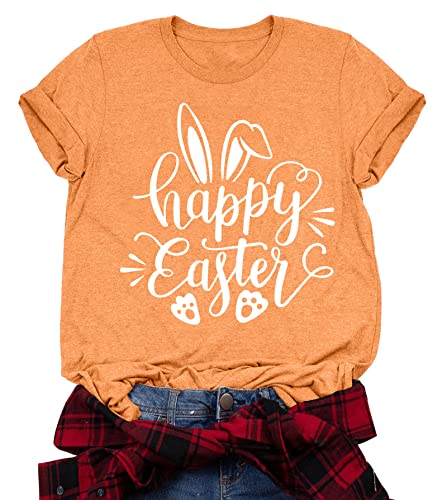 Image of Women Happy Easter T Shirt Bunny Rabbit Graphic T-Shirt Funny Letter Printed Shirts Short Sleeve Tops