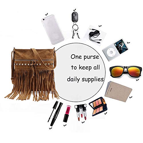 Image of Hoce Women's Leather Fringe Messenger Bag Large Hobo Crossbody Tassel Shoulder Bags, Gift for Mom Wife Girlfriend