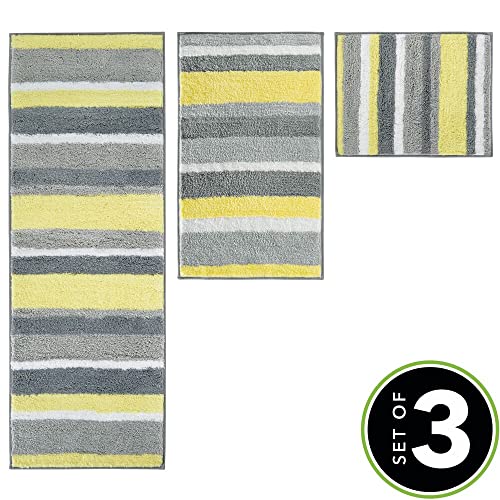 Mdesign Striped Microfiber Polyester Spa Rugs For Bathroom Vanity, Tub/Shower - Water Absorbent, Machine Washable, Includes Soft Non-Slip Rectangular Accent Rug Mat In 3 Sizes - Set Of 3 - Gray/Yellow #TOP1