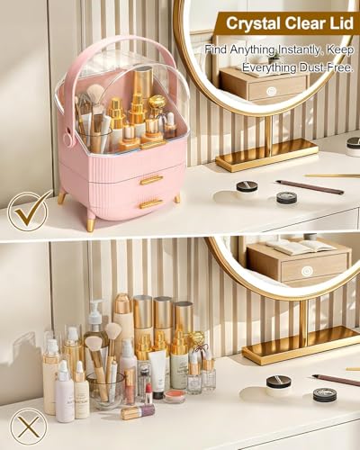 Image of JIALTO Storage Box, Organiser for Makeup & Skincare, Large Makeup Organizer with Dustproof Cover & Drawers, Cosmetic Storage for Dressing Table, Bathroom Vanity Organizer for Lipsticks Perfumes (Pink)