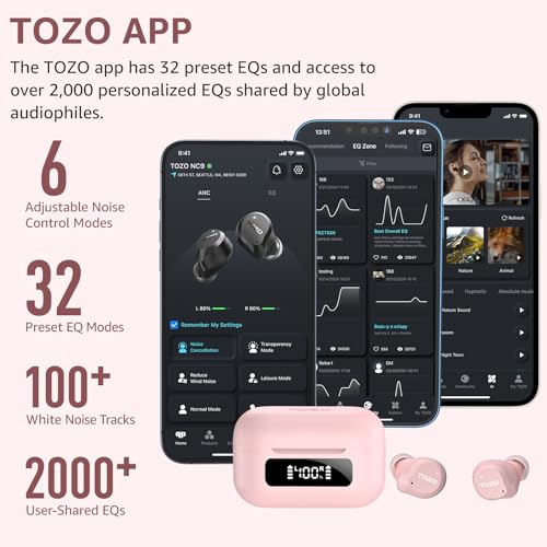 Image of TOZO NC9 Hybrid Active Noise Cancelling Wireless Earbuds, 6 Mics ENC Clear Call, IPX8 Waterproof, in Ear Bluetooth 5.3 Headphones Stereo Bass Ear Buds 60H Playtime with LED Display 32 EQs via APP