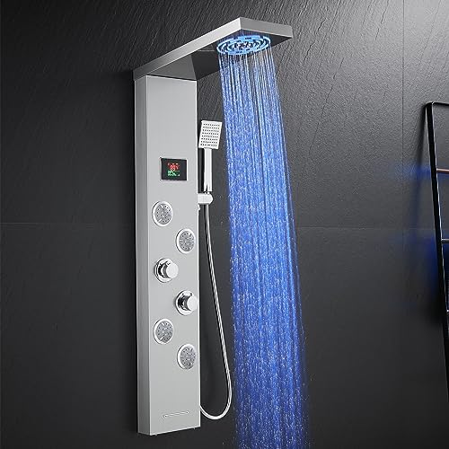 ROVOGO Led Shower Panel Tower System No Battery Needed, Rainfall & Mist Shower Head, Body Jets, Handheld, Tub Spout and Temp Display, Shower Column Stainless Steel Brushed